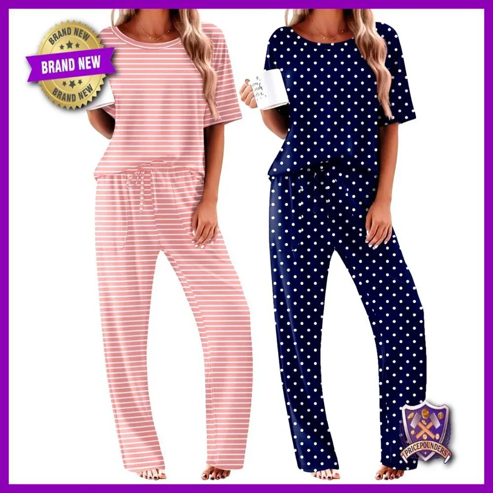 2 Pack Pajama Set Short Sleeve Tops Long Pants Lounge Wear with Pockets